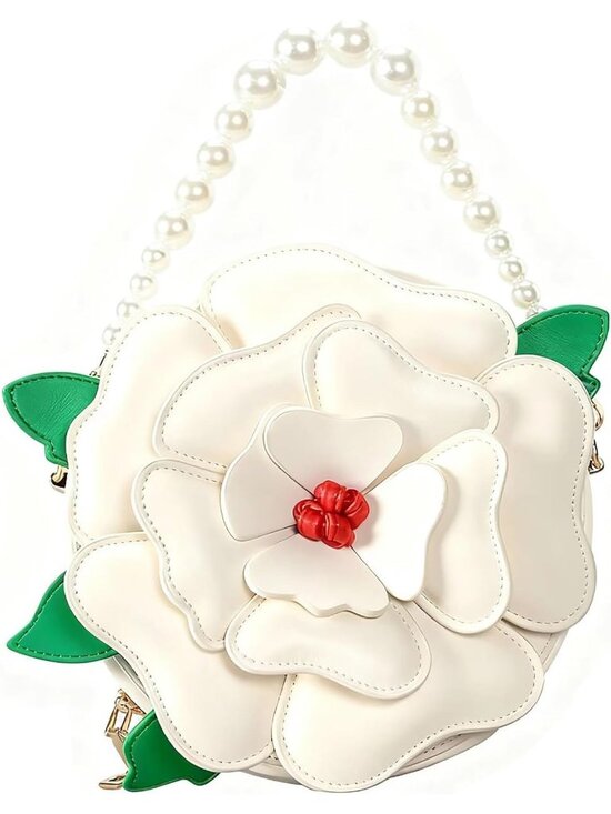 Handbags - Women’s Flower Beige Purse Floral Pu Leather Crossbody Bag With Pearl Chains